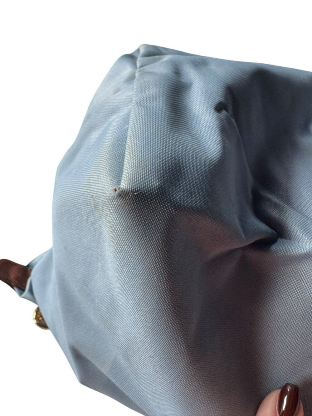 Longchamp Le Pliage Womens Tote Bag Small Light Blue Brown Leather Long Straps - Picture 10 of 16